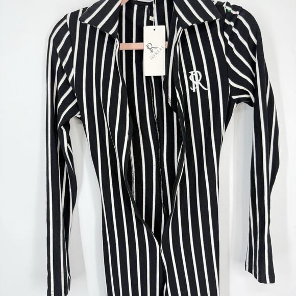 So Real Bodcon Jumpsuit size Medium Black White Striped Long Sleeve collared New - Picture 7 of 11